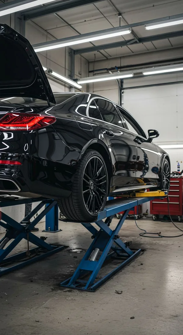 Black sedan on a lift at SV Auto Garage